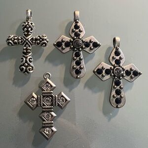 Lot Of 4 Cross Pendants for Jewelry Making  Silver Tone 2 With Blue And Crystal